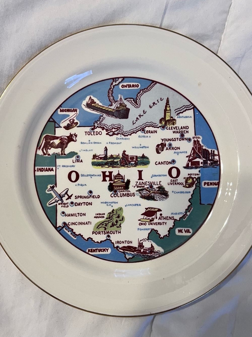 Ohio Decorative Ceramic Plate - White with Blue and Green Map Design